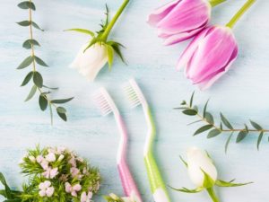 toothbrushes and flowers against a blue background
