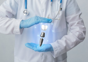 a dentist holding a dental implant hologram