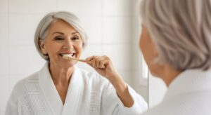 Happy senior woman brushing her teeth